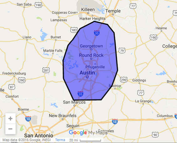 a map of the Eagle Towing Service Area in Austin TX.