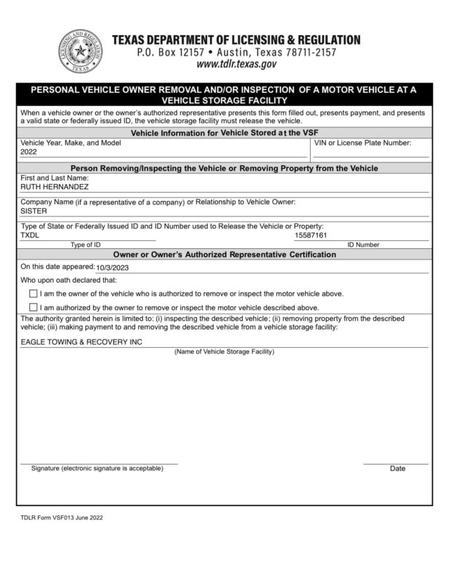 VSF013 Personal Vehicle Owner Removal and or Inspection form